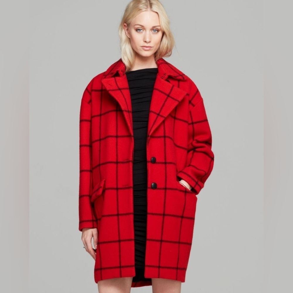 Rebecca Minkoff Red Windowpane Plaid Trench Coat Size Small